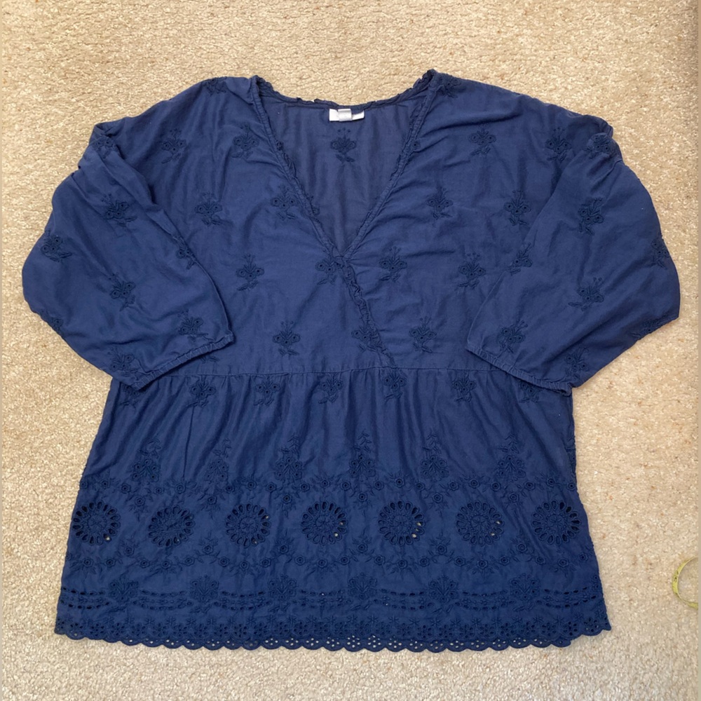 J. Jill Embroidered Eyelet V-Neck Blouse, Top, Navy Blue, Floral, Women’s, Large - Picture 1 of 7